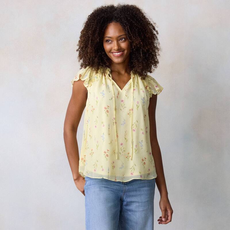 LC Lauren Conrad レディース トップス プルオーバー V素っ首 プチ フラウンス Petite LC Lauren Conrad Ruffle V-Neck Shell Top with Trim Yellowildflower 黄色