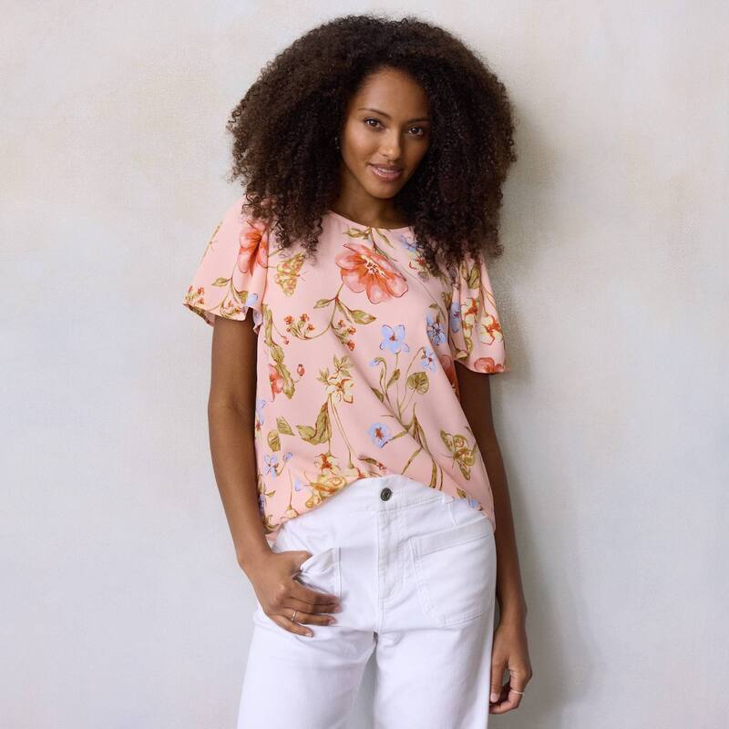 LC Lauren Conrad レディース トップス プルオーバー トップ Women\u0027s LC Lauren Conrad Flutter Sleeve Blouse Pink Dahlia Blooms サクラ色