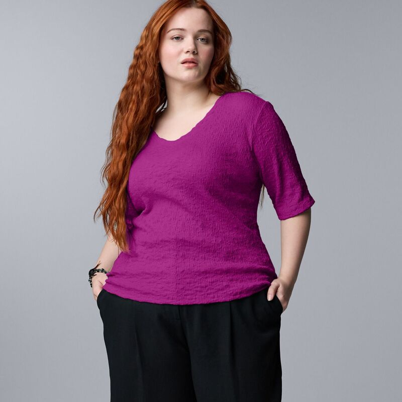 【送料無料】 ヴェラウォン レディース Tシャツ トップス Plus Size Simply Vera Vera Wang V-Neck Short Sleeve Pucker Top Terry Magenta