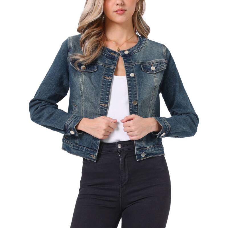 アレグラ ケー レディース アウター 上衣・上衣 名取り草落ち込む クロップド ジーンズ ALLEGRA K Women\u0027s Button Down Collarless Long Sleeve Croppedenim Jacket Washed Blue 青み