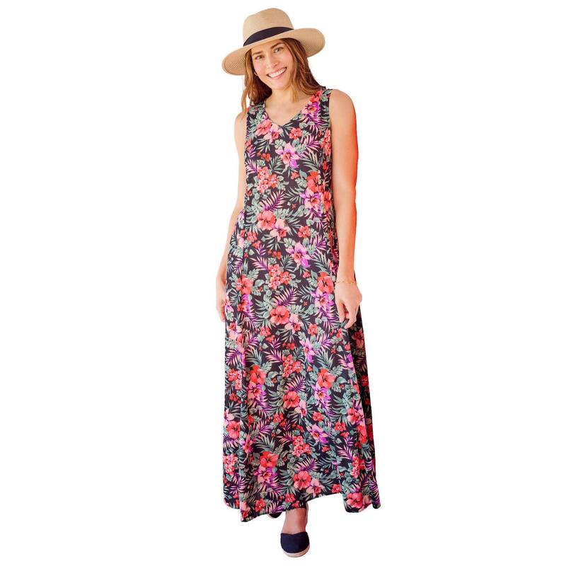 ウーマン ウィズイン レディース トップス ワンピース プラスサイズ ノースリーブ Woman Within Plusize Sleeveless Crinkle Dress Black Coral Paradise ブラック