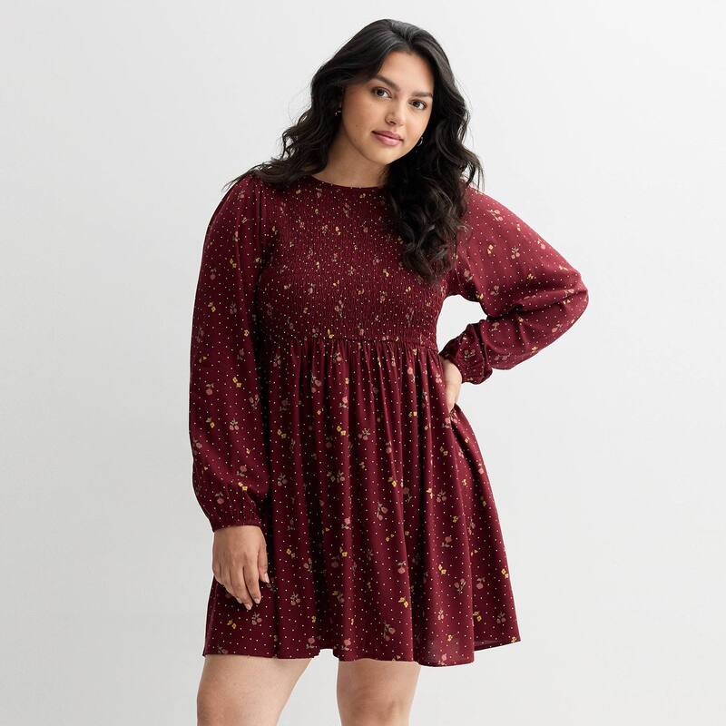 エスオー レディース トップス ワンピース プラスサイズ ミニ シャーリング Juniors' Plusize SO Smocked Long Sleeve Mini Dress Maroon Maureen Floral マルーン