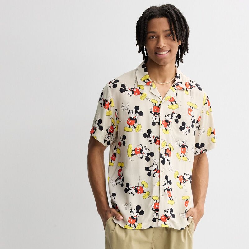 ディズニー レディース トップス Tシャツ ダウン Men's Disney's Mickey Mouse Short Sleeve Button-Down Shirt Khaki カーキ