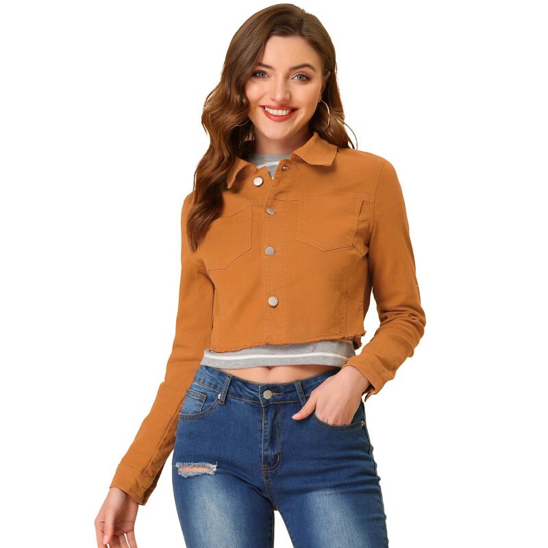 アレグラ ケー レディース アウター ジャケット・ブルゾン クロップド デニム ALLEGRA K Women's Long Sleeves Button up Frayed Hem Croppedenim Jacket Brown ブラウン