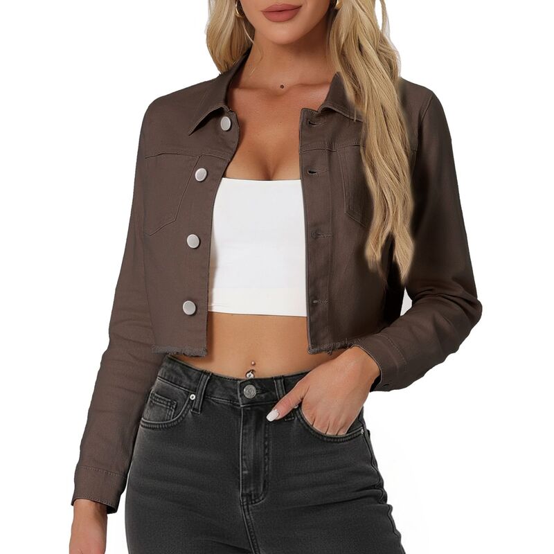 アレグラ ケー レディース アウター ジャケット・ブルゾン クロップド デニム ALLEGRA K Women's Long Sleeves Button up Frayed Hem Croppedenim Jacket Coffee コーヒー
