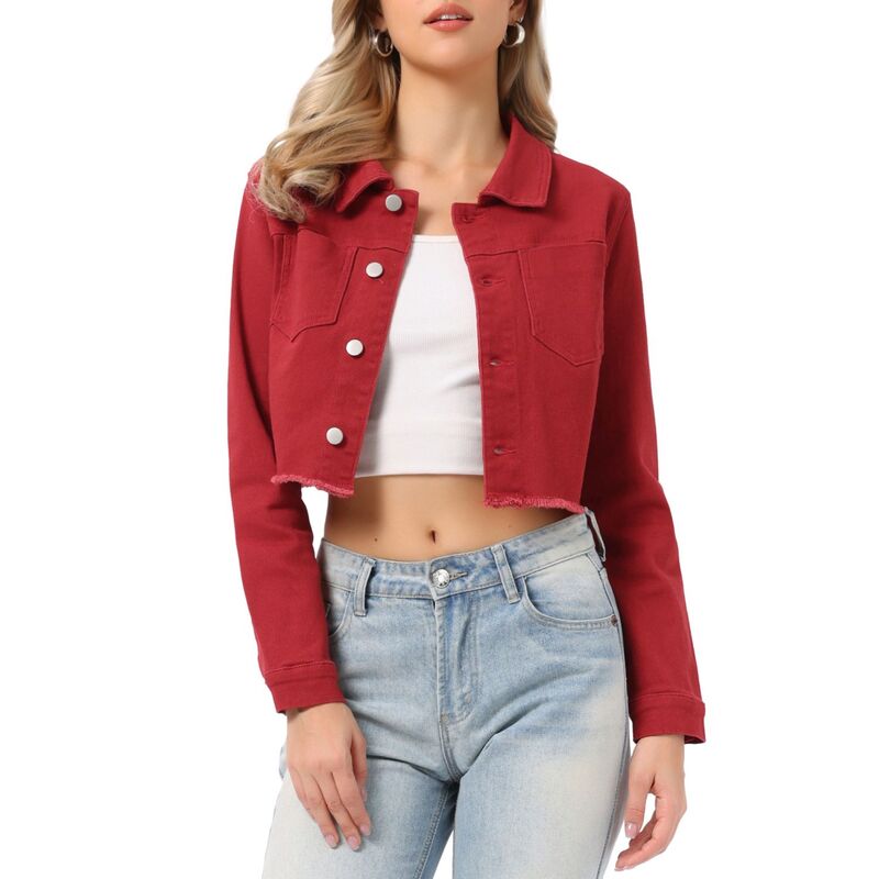 アレグラ ケー レディース アウター ジャケット・ブルゾン クロップド デニム ALLEGRA K Women's Long Sleeves Button up Frayed Hem Croppedenim Jacket Red レッド
