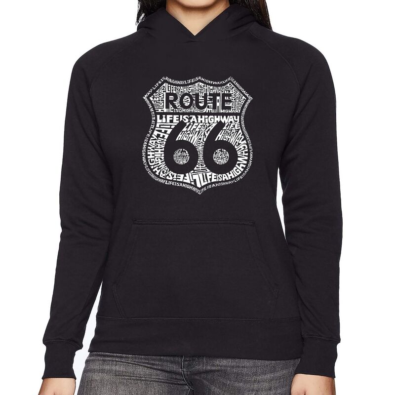 エルエーポップアート レディース トップス Tシャツ スウェット LA Pop Art Route 66 - Life is a Highway - Women's Word Art Hooded Sweatshirt Black ブラック 8,861円