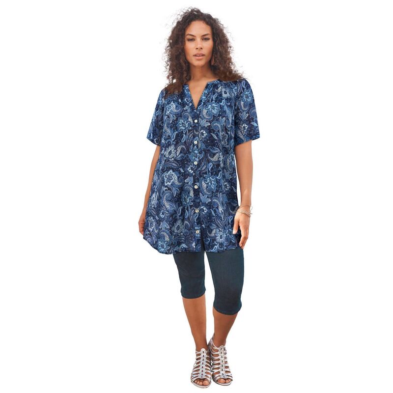 ロアマンズ レディース トップス ティーシャツ 粘土つけ加える大いさ Roaman\u0027s Women\u0027s Plusize Angelina Crinkle Crepe Y-Neck Short Sleeve Tunic Navy Paisley Floral 米国海軍 レディースファッション-トップス-Tシャツ・カットソー