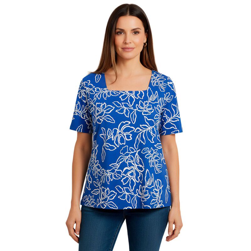 ジェシカロンドン レディース トップス Tシャツ プラスサイズ コットン Jessica London Women's Plusize Stretch Cotton Square Neck Tee Sapphire Moving Floral サファイア