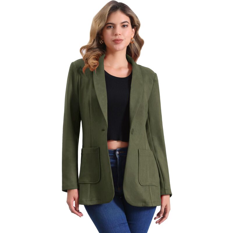 アレグラ ケー レディース アウター ジャケット・ブルゾン スエード ブレザー ALLEGRA K Faux Suede Blazer for Women's Lapel Collar One Button Dressy Suit Jacket Army Green グリーン|ReVida 店