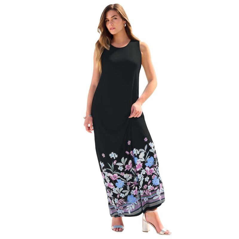 ロアマンズ レディース トップス ワンピース プラスサイズ ノースリーブ マキシ Roaman's Women's Plusize Ultrasmooth Fabric Sleeveless Maxi Dress Black Blue Border ブラック|ReVida 店