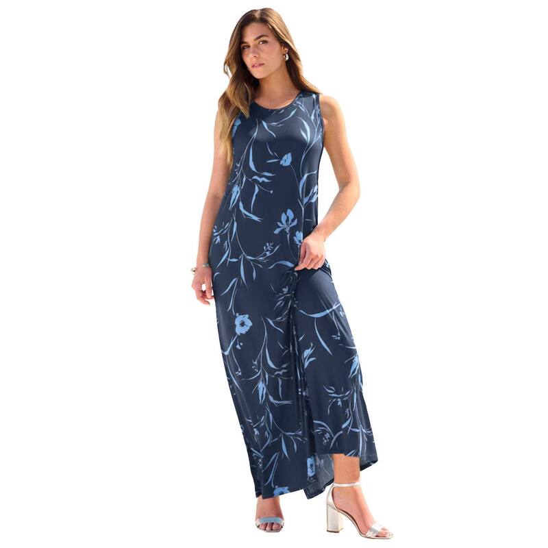 ロアマンズ レディース トップス ワンピース プラスサイズ ノースリーブ マキシ Roaman's Women's Plusize Ultrasmooth Fabric Sleeveless Maxi Dress Navy Blue Floral ネイビー