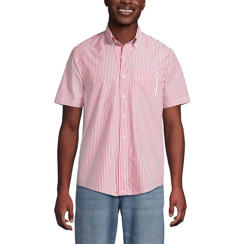ランズエンド レディース トップス Tシャツ Men's Lands' End Short Sleeve Poplin Shirt Red Vertical Stripe レッド｜ReVida 店