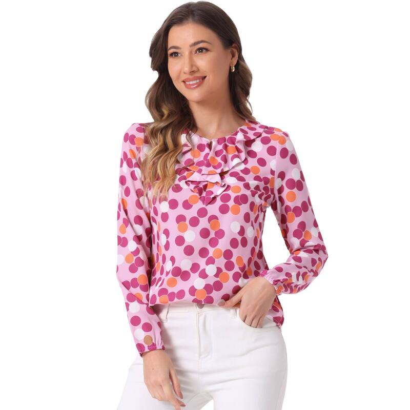 アレグラ ケー レディース トップス シャツ ドット フリル ブラウス ALLEGRA K Women's Ruffle Neck Long Sleeve Polka Dots Blouse Shirts Light Pink Dots ピンク