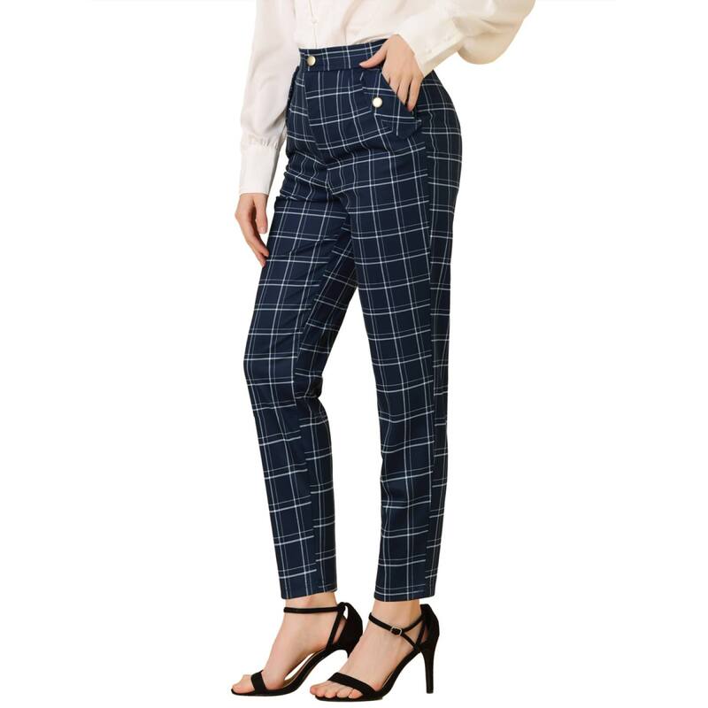 アレグラ ケー レディース ボトムス カジュアルパンツ ハイウエスト ALLEGRA K Women's Tartan Plaid Pants Elastic High Waistraight Long Trousers Dark Blue ブルー｜ReVida 店