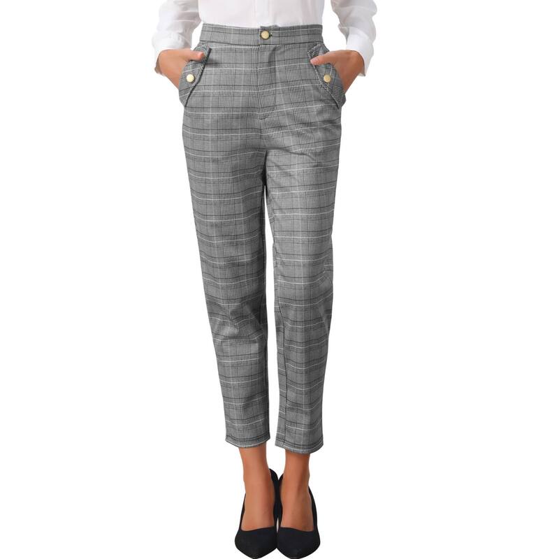 アレグラ ケー レディース ボトムス カジュアルパンツ ハイウエスト ALLEGRA K Women's Tartan Plaid Pants Elastic High Waistraight Long Trousers Grey Black ブラック｜ReVida 店