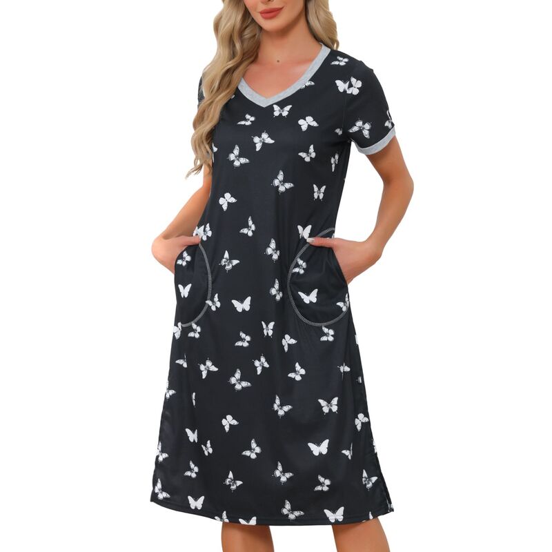 cheibear レディース アンダーウェア ナイトウェア サイドスリット Vネック シャツ cheibear Women's V Neck Short Sleeve Basic Side Slit Long Nightgown Sleepshirt Nightgown with Pockets Butterfly