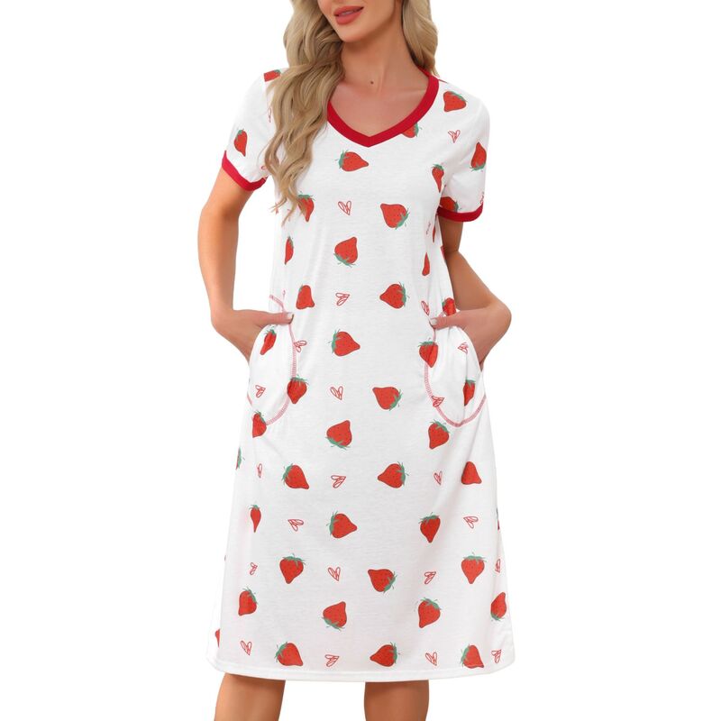 cheibear レディース アンダーウェア ナイトウェア サイドスリット Vネック シャツ cheibear Women's V Neck Short Sleeve Basic Side Slit Long Nightgown Sleepshirt Nightgown with Pocketstrawberry｜ReVida 店