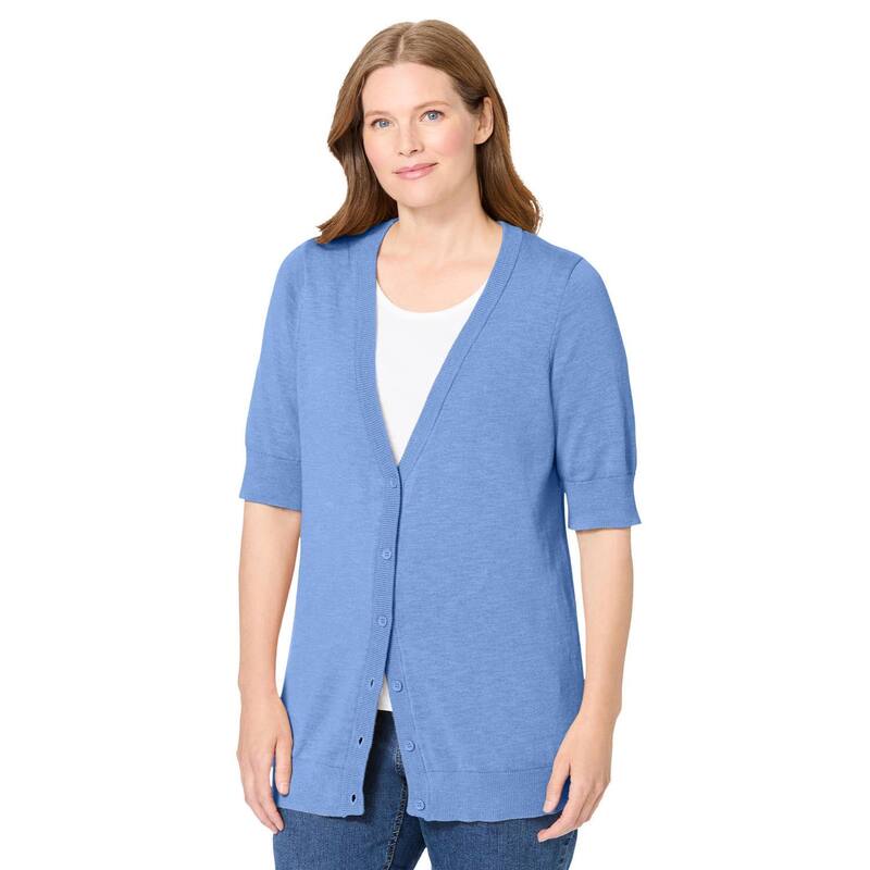 ウーマン ウィズイン レディース アウター ニット・セーター Vネック プラスサイズ カーディガン Woman Within Plusize Lightweight Short Sleeve V-Neck Cardigan Sweater French Blue ブルー|ReVida 店