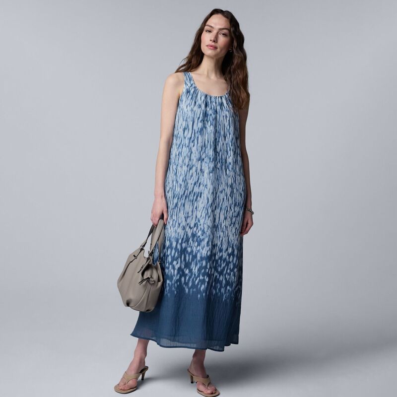 ヴェラウォン レディース トップス ワンピース マキシ Women'simply Vera Wang Shirred Neck Maxi Dress Blue Feather Texture ブルー