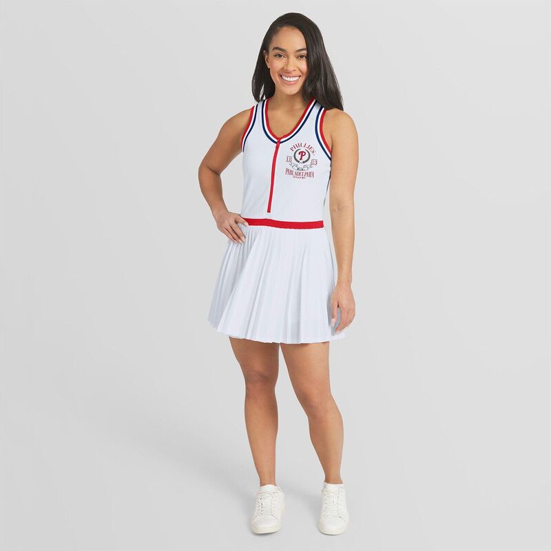 御召しもの バイ エリン アンド濫りがわしい レディース トップス 衣装 筋目 Women\u0027s WEAR by Erin Andrews White Philadelphia Phillies Zip-Front Pleated Tri-Blend Scoop Neck Tank Dress Phl White 白いこと