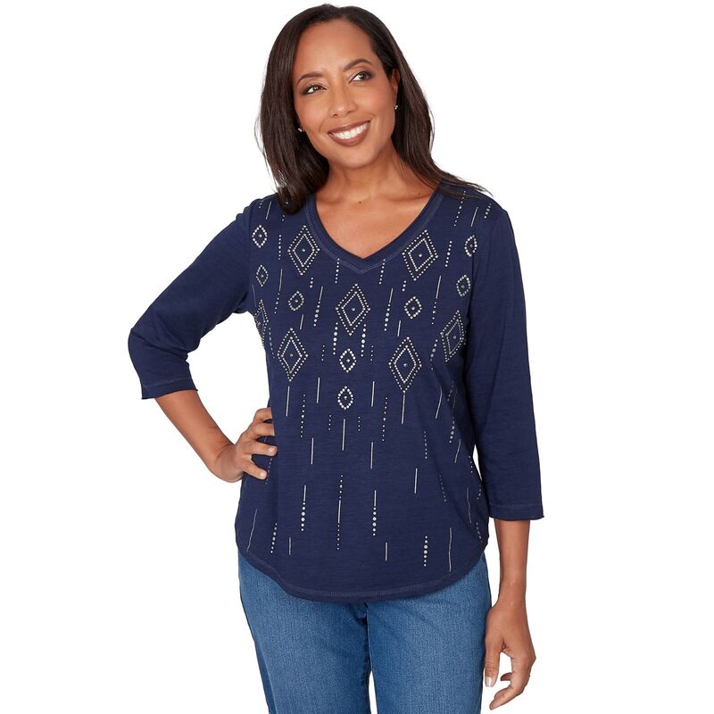 アルフレッド ダナー レディース トップス シャツ ニット Women's Alfredunner Diamond Geometric Heat Set Knitop with 3/4 Sleeves Navy ネイビー｜ReVida 店