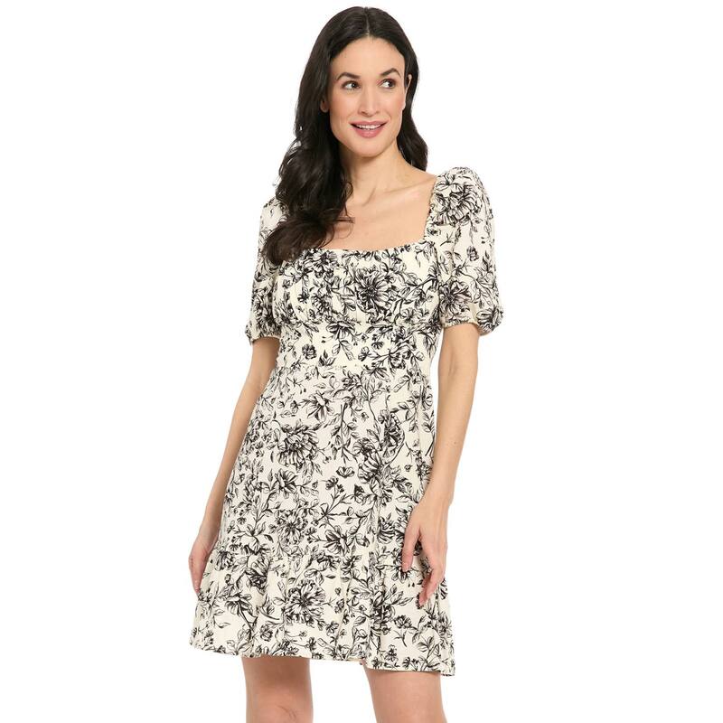 ロンドンタイムス レディース トップス ワンピース シャーリング Women's London Times Puff Sleeve Smocked Back Short Dress Ivory Black アイボリー|ReVida 店