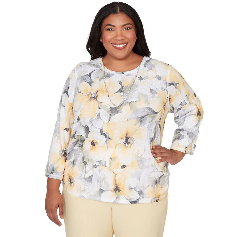 アルフレッド ダナー レディース トップス シャツ フラワー柄 プラスサイズ ギャザー レース フラワー Plusize Alfredunner Watercolor Floral Side Ruched Top with Necklace Multi Yellow イエロー