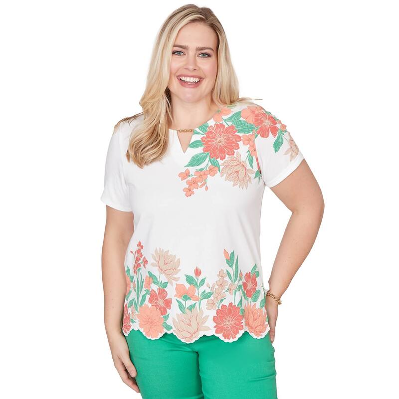 アルフレッド ダナー レディース トップス プルオーバー 御花柄 御花 Women\u0027s Alfredunner Floral Scallop Border Tee Orange Multi オレンジ色