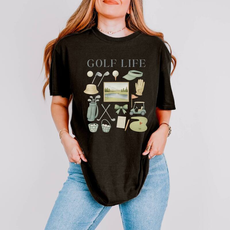 Simply Sage Market レディース トップス ティーシャツ グラフィック Simply Sage Market Golf Life Watercolor - Women\u0027s Garment Dyed Graphic T-Shirt Black 黒いこと レディースファッション-Tシャツ・カットソー