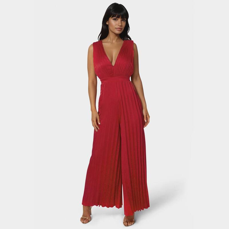 ベベ レディース トップス 衣装 Vのど首 筋目 繻子 飛び降りる背広 Women\u0027s bebe Pleatedeep V-Neck Satin Jumpsuit Red 赤いこと ワンピース-レディースファッション
