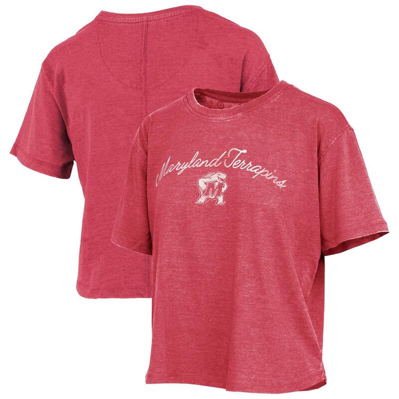 押しつけるボックス席 レディース トップス ティーシャツ ヴィンテージ ロゴタイプ Women\u0027s Pressbox Red Maryland Terrapins Vintage Waist Length Script Over Logo T-Shirt Mared 赤いこと Tシャツ・カットソー-トップス