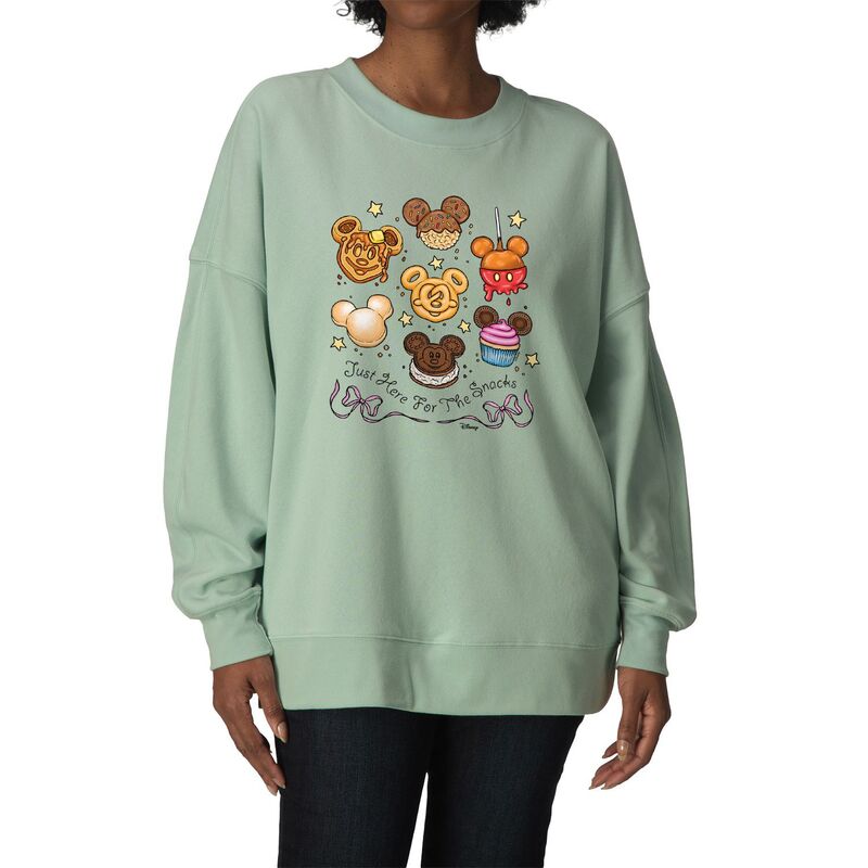 ウォルトディズニー レディース トップス ティーシャツ 流汗 フリース Women\u0027s Disney Mickey Just Here For The Snacks Oversized Fleece Crew Sweatshirt Seafoam レディースファッション-Tシャツ・カットソー-トップス