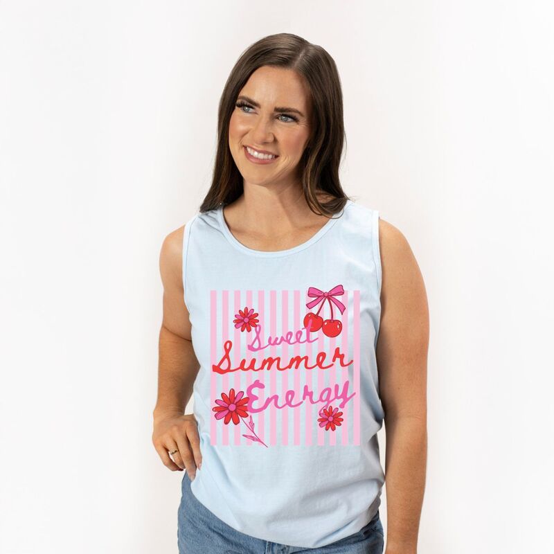Simply Sage Market レディース トップス Tシャツ グラフィック Simply Sage Market Sweet Summer Energy Cherries - Women's Garment Dyed Graphic Tank Top Chambray