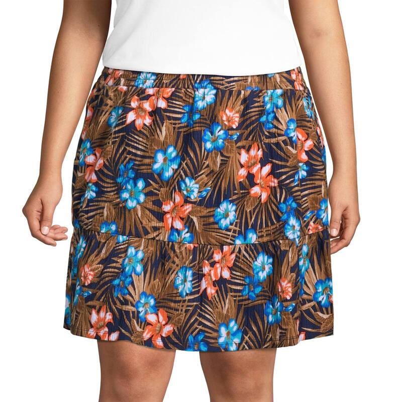 ランズエンド レディース ボトムスカート ティアード プラスサイズ Plusize Lands' End Crinkle Pull-On Tiered Skirt Navy Tropic Palm ネイビー|ReVida 店