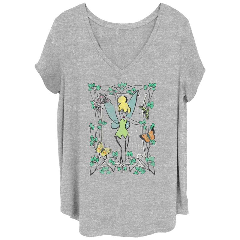ディズニー レディース トップス Tシャツ Vネック プラスサイズ グラフィック Disney's Tinker Bell Juniors' Plusize Butterfly Frame Water Color V-Neck Graphic Tee Heather Grey グレー