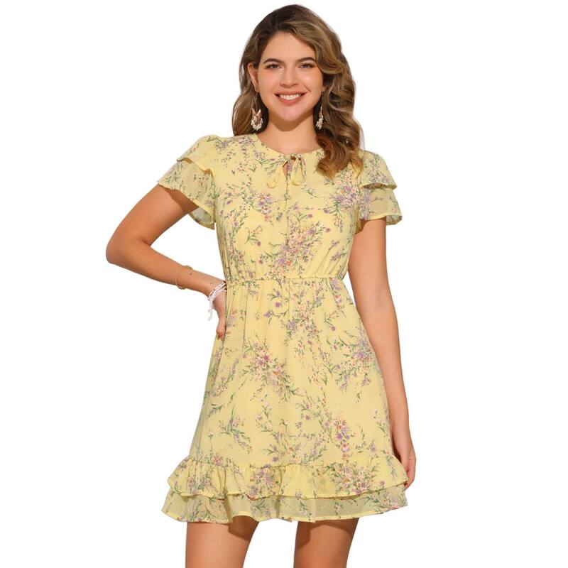 アレグラ ケー レディース トップス ワンピース Vネック シフォン フラワー柄 フリル フラワー ALLEGRA K Women's Ruffled Sleeve Self-Tie V Neck Above Knee Chiffon Floral Ruffle Dress Light Yellow イエロー|ReVida 店