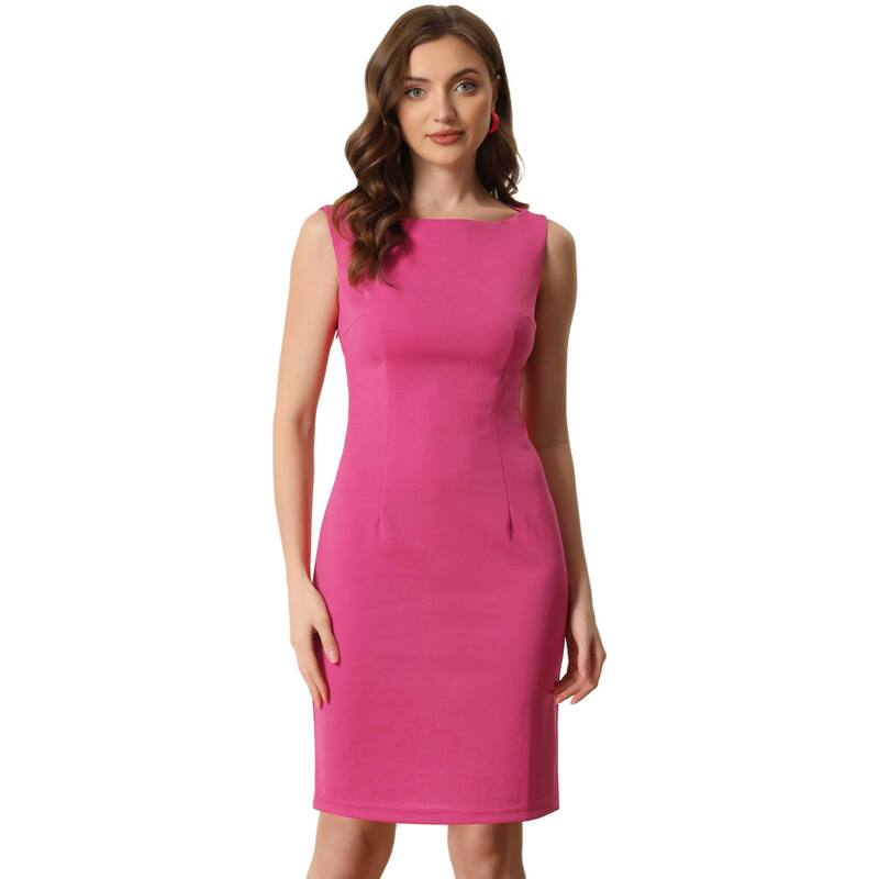 アレグラ ケー レディース トップス ワンピース ノースリーブ ALLEGRA K Women'sleeveless Boat Neck Casual Office Businessheath Dress Hot Pink ピンク|ReVida 店
