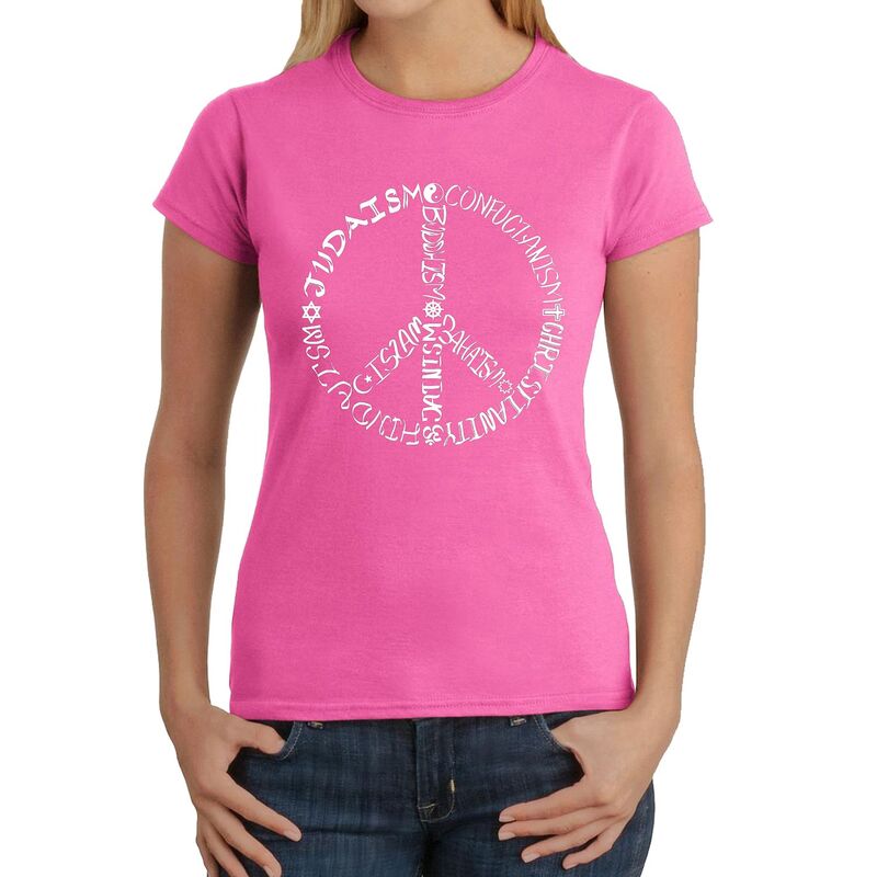 エルエーポップアート レディース トップス Tシャツ LA Pop Art Women's Word Art-Shirt - Different Faiths peace sign Pink ピンク
