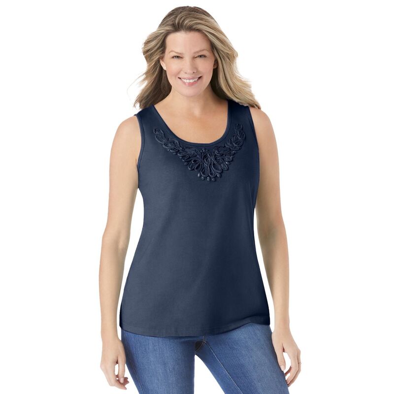 ウーマン ウィズイン レディース トップス Tシャツ プラスサイズ Woman Within Plusize Beaded Tank Top Navy ネイビー|ReVida 店