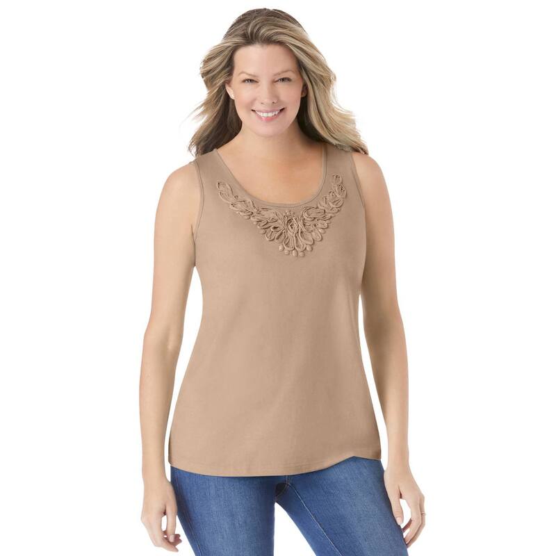 ウーマン ウィズイン レディース トップス Tシャツ プラスサイズ Woman Within Plusize Beaded Tank Top New Khaki カーキ｜ReVida 店