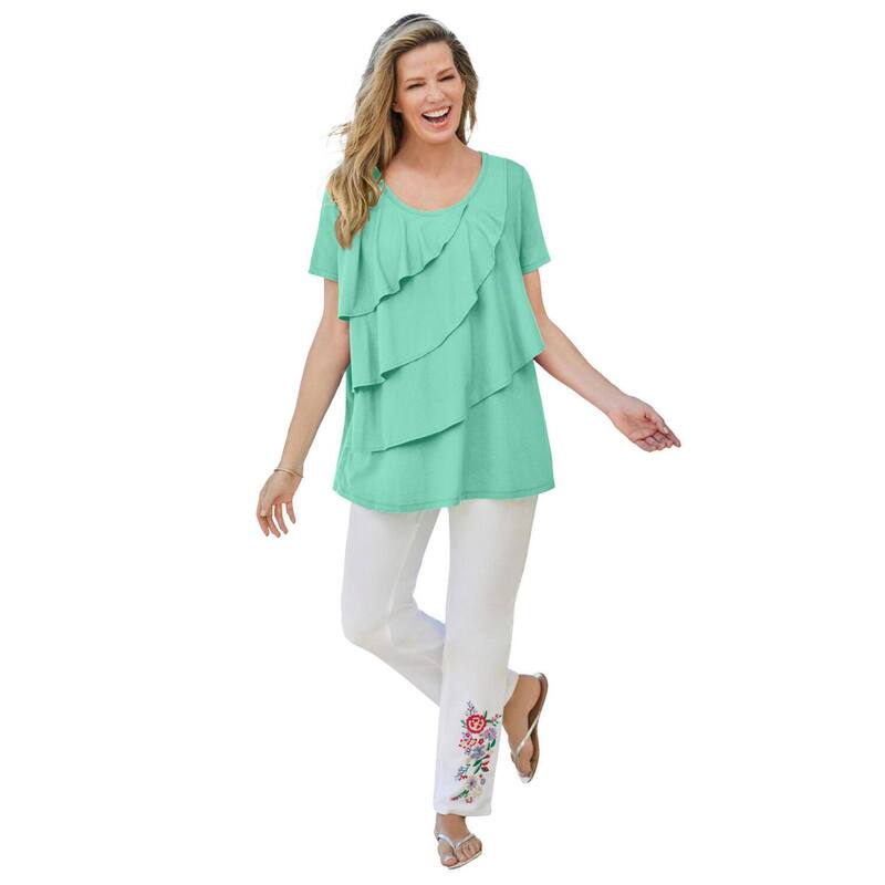 成人女性 ウィズはたご屋 レディース トップス ティーシャツ つけ加える大いさ フラウンス Woman Within Plusize Ruffle Tee Pale Seafoam Tシャツ・カットソー-レディースファッション-トップス