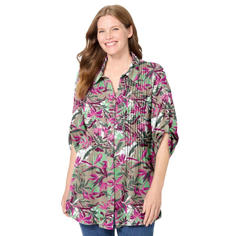 ウーマン ウィズイン レディース トップス シャツ ボタンダウン プラスサイズ ダウン Woman Within Plusize Pintucked Button Down Gauze Shirt New Khaki Palm Leaf カーキ