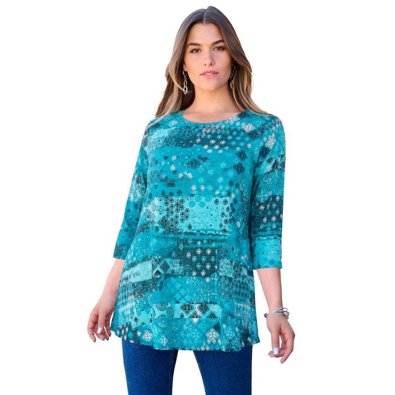 ロアマンズ レディース トップス Tシャツ プラスサイズ Roaman's Women's Plusize Ultimate Three Quarter Sleeve Swing Tee Deep Turquoise Stencil ターコイズ|ReVida 店