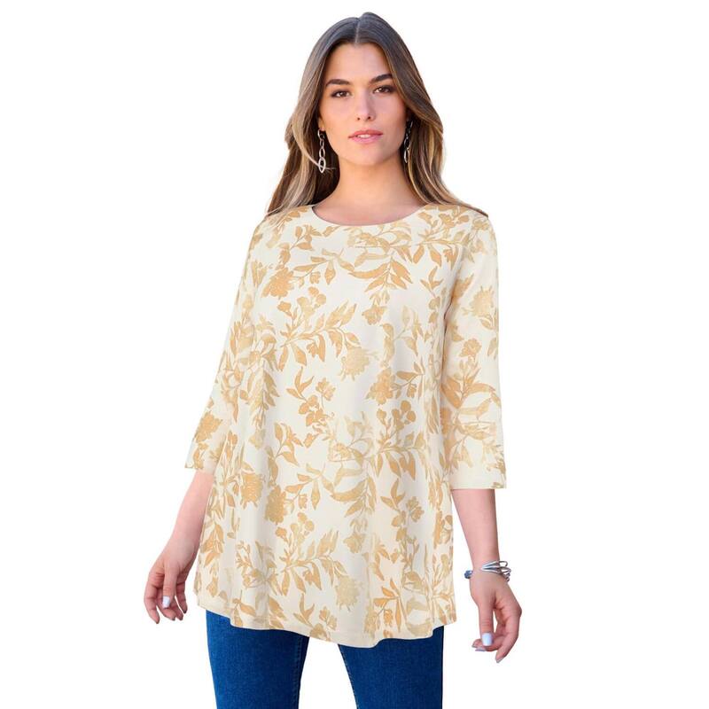 ロアマンズ レディース トップス Tシャツ プラスサイズ Roaman's Women's Plusize Ultimate Three Quarter Sleeve Swing Tee White Wildflowers ホワイト|ReVida 店
