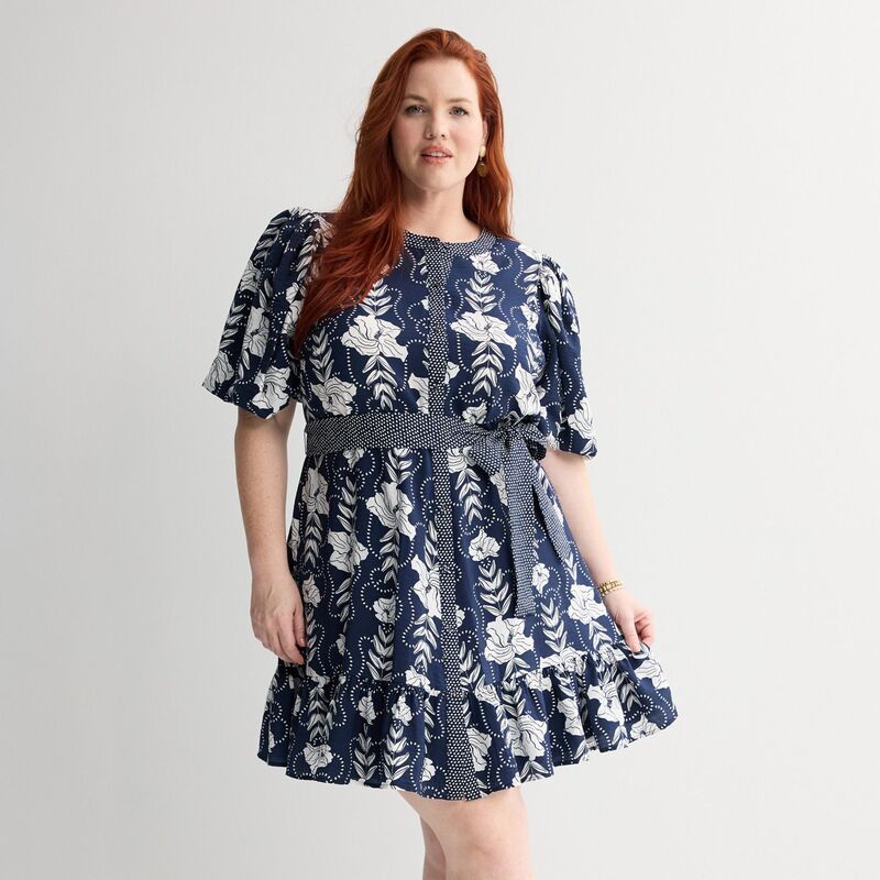 ナインウェスト レディース トップス 衣装 つけ加える大きさ Plusize Nine West Button Front Fit \u0026 Flare Dress Navy Talia Floral 米国海軍