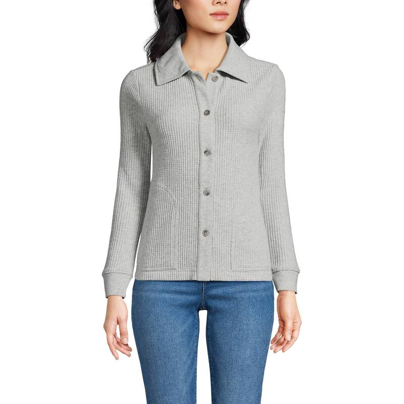 ランズ挙げ句の果て レディース アウター 上衣・上衣 プチ Petite Lands\u0027 End Long Sleeve Waffle Collared Shacket Gray Heather 薄墨色