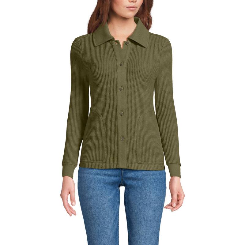 ランズ挙げ句の果て レディース アウター 上衣・上衣 プチ Petite Lands\u0027 End Long Sleeve Waffle Collared Shacket Olive Drab オリーブ