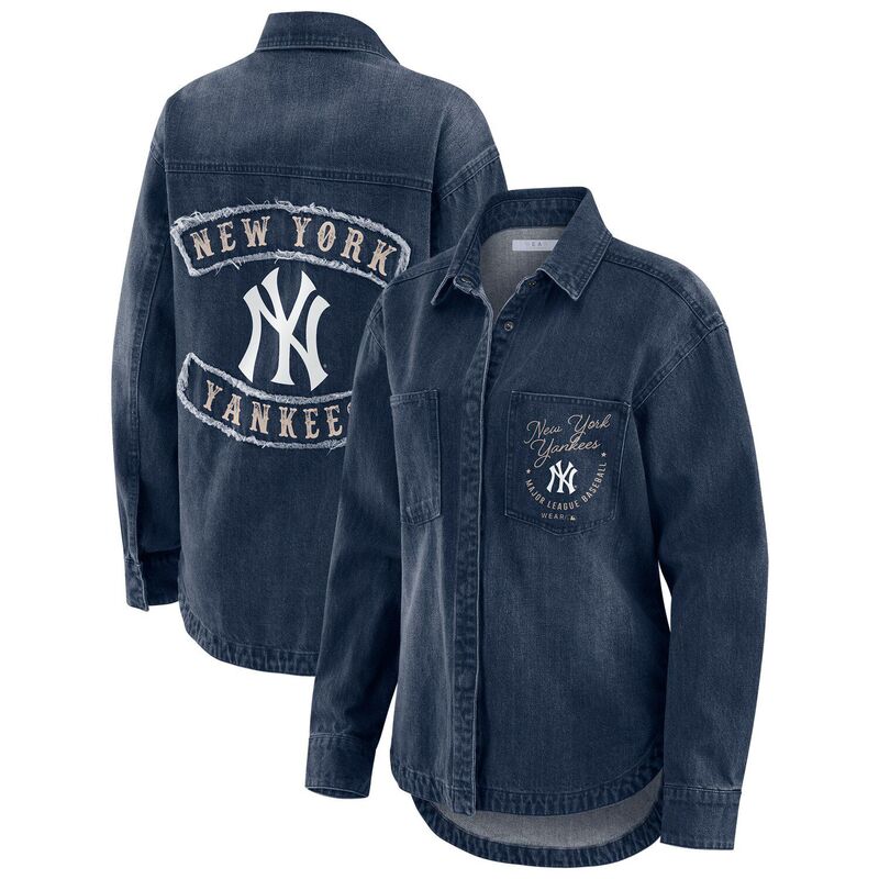 御召しもの バイ エリン アンド濫りがわしい レディース アウター 上衣・上衣 ジーンズ Women\u0027s WEAR by Erin Andrews Denim New York Yankees Washed Oversizedenim Full-Snap Shacket Ynk Turq A ジーンズ