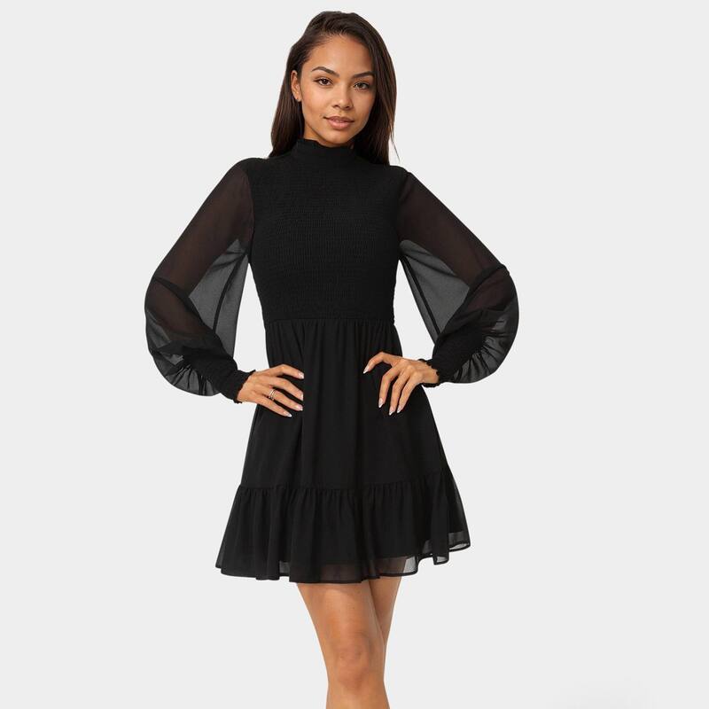 【送料無料】 ベベ レディース ワンピース トップス Women's bebe Mock Neck Chiffon Smocked Mini Dress Black
